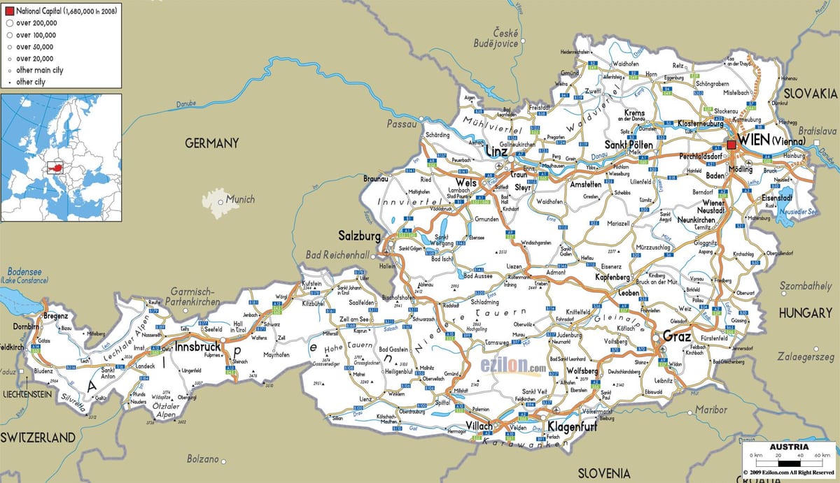 mapa detallat d'àustria amb les ciutats